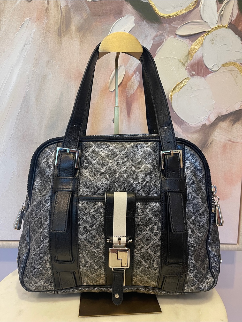 L.A.M.B. Gray and Black Monogram Satchel